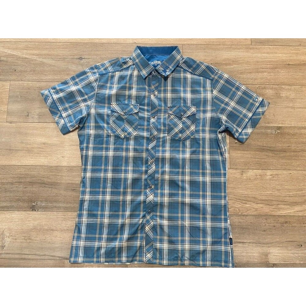 Kuhl KONQUER Short Sleeve Mens M Snap Button Blue Plaid Pocket Shirt